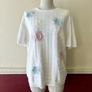 Alfred Dunner white knit embroidered floral ramie‎ cotton top